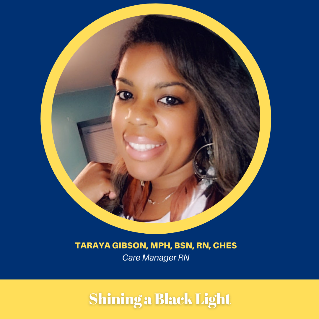 Taraya Gibson headshot in shining a black light frame 